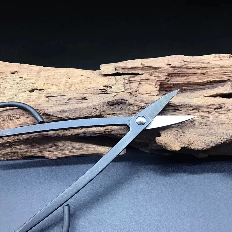 Steel pruning scissors with long black handle and pointed silver blades