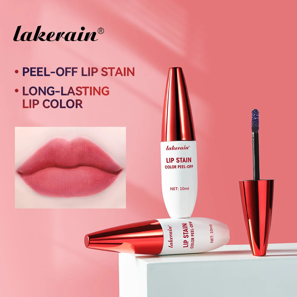 Lakerain peel-off lip stain in waterproof, long-lasting matte finish with natural pink tint applicator and tube.