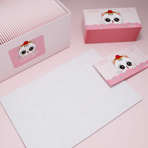Baby care wipes, 50-count box with cute cat design and individually wrapped 1-piece packs for gentle cleaning.