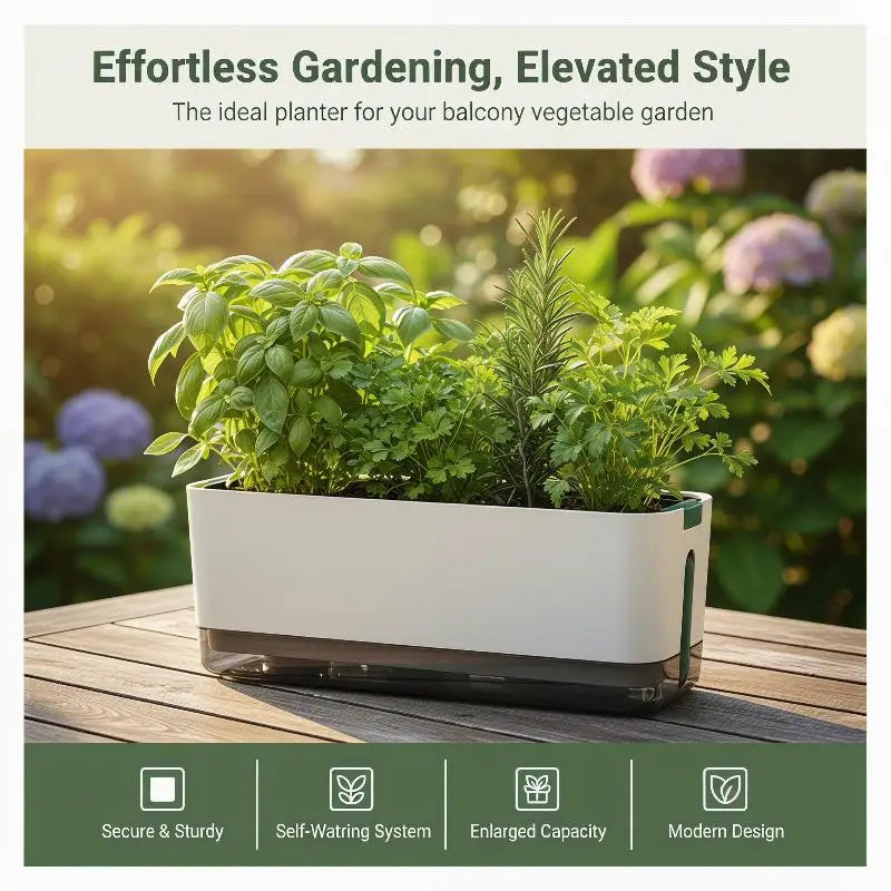 White rectangular self-watering window planter box with drainage tray and planted herbs