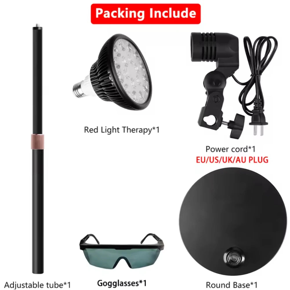 Red light therapy device kit with 660nm/850nm lamp, adjustable stand, base, power cord, and protective goggles.