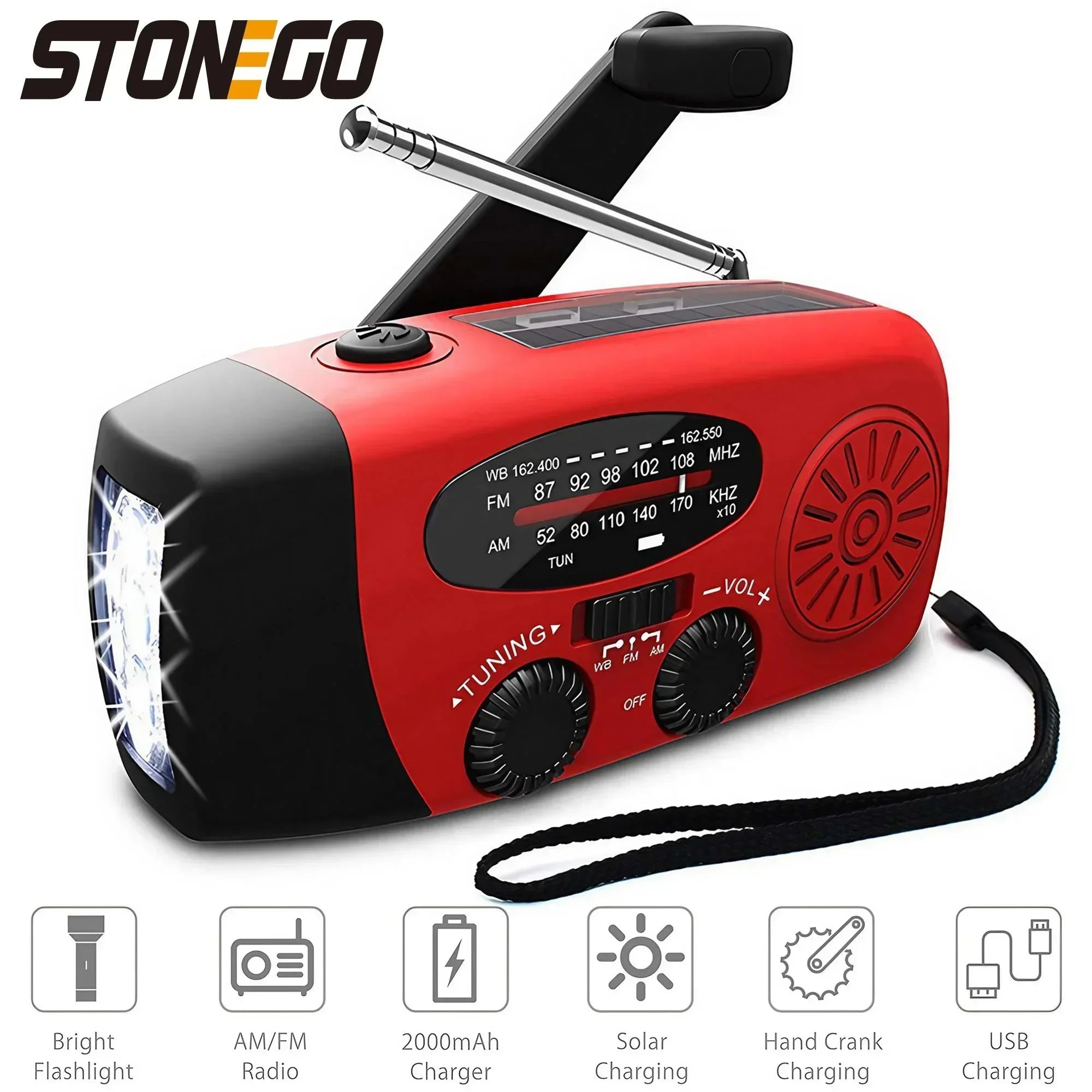 STONEGO 2000mA Outdoor Emergency Radio Portable Power Generation Radio Disaster Prevention Solar Hand Crank Radio AM/FM Radio