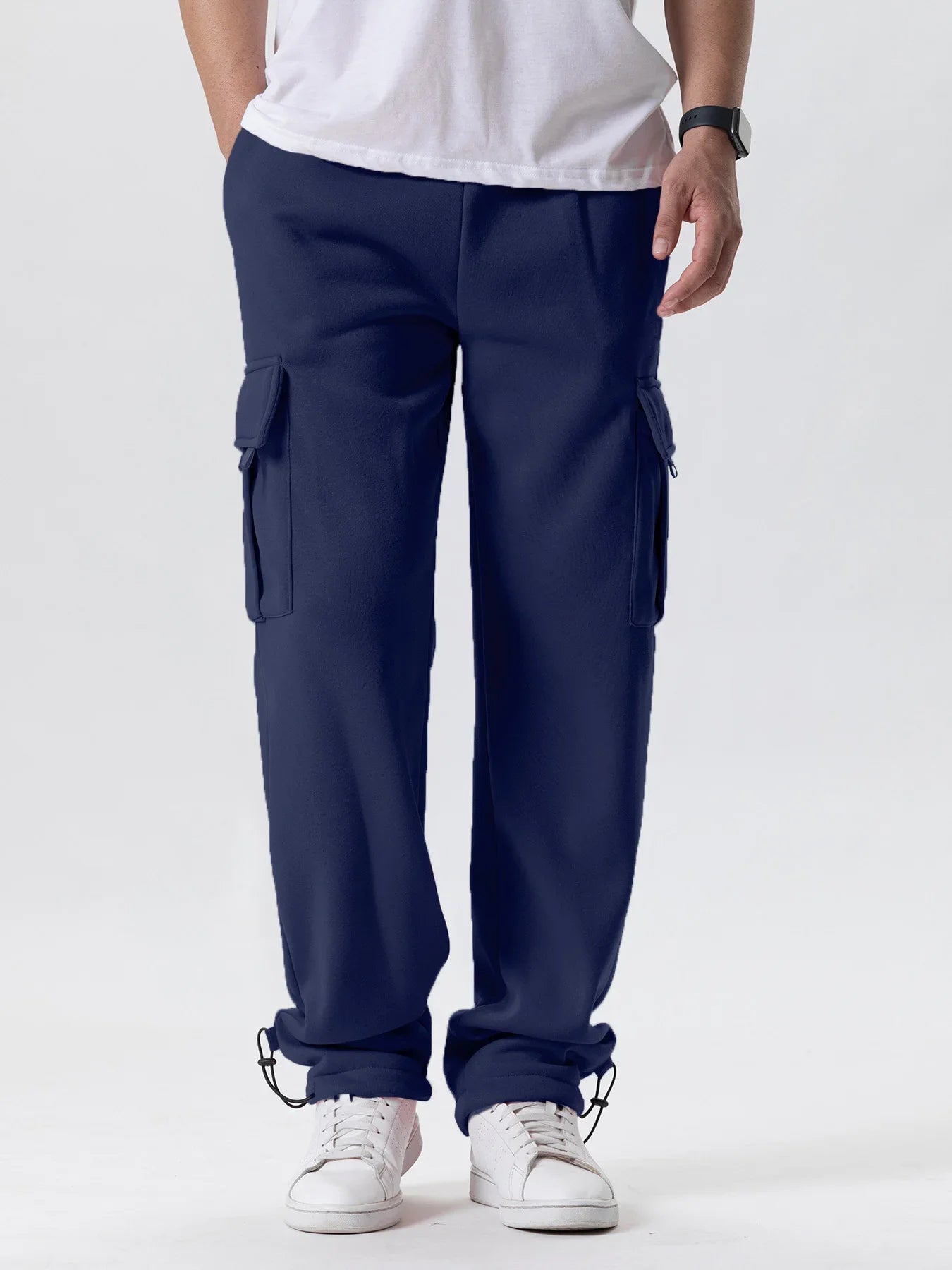 Tidesmit men’s navy blue fleece cargo sweatpants featuring a straight leg, side pockets, and adjustable drawstring cuffs.