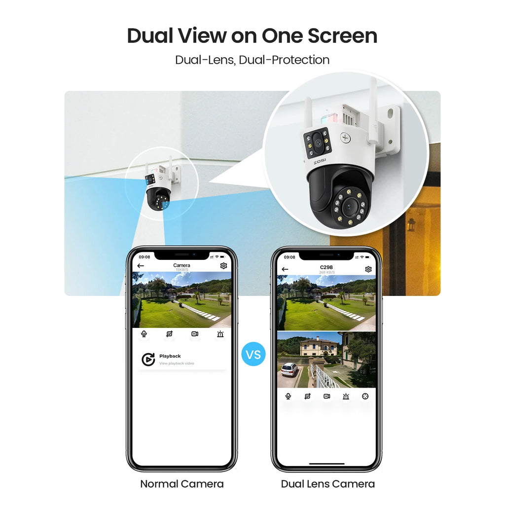 ZOSI C298 8MP/4MP Dual-Lens Wired WiFi PTZ Security Camera Outdoor Wide Angle 8X Hybrid Zoom AI Detection 360 Surveillane Camera