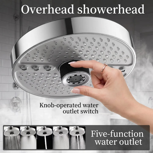 Overhead rainfall showerhead, chrome panel with knob switch for five water modes