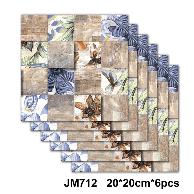 Self-adhesive marble wall tile stickers, wood-look beige with blue and green leaf art