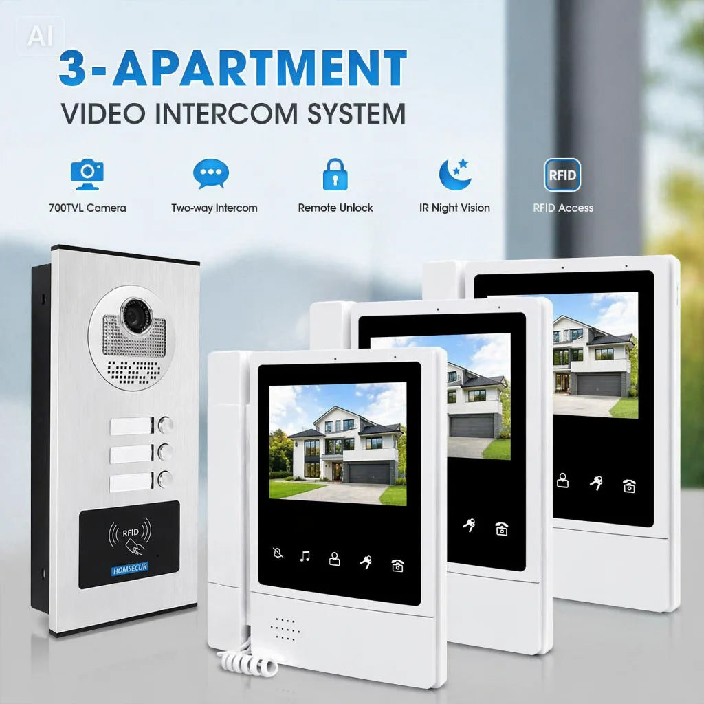 4.3" Hands-free Video Door Phone Intercom System for 3 Families RFID Outdoor Unit 3 Monitors Wired Doorbell Home Access Control