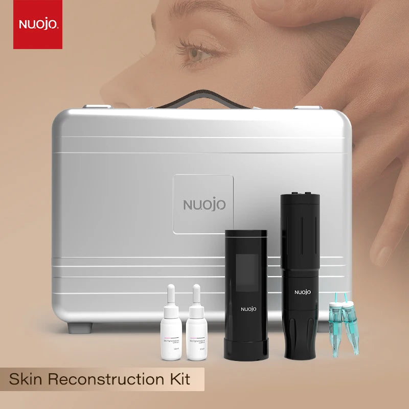 Skin reconstruction kit with a silver metal carrying case, two black handheld devices, two serum vials, and needles.