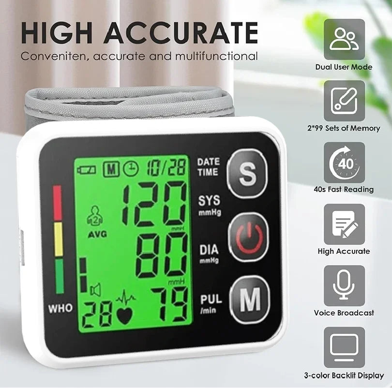 Digital Tensiometer Health Medical BP Sphygmomanometer Wrist Cuff Digital Blood Pressure Monitor Heart Rate Pulse Meter Tonomete