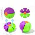 Durable purple and green plastic interactive UFO dog toy that transforms from a ball to a flying disc for active play.