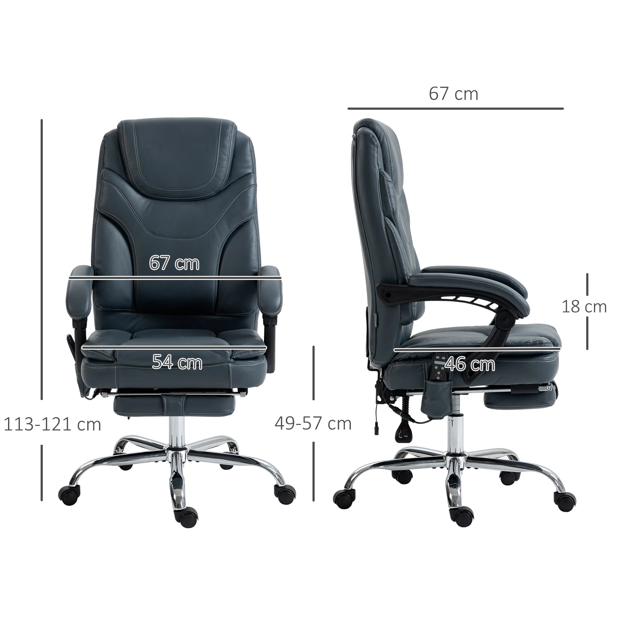 Gray ergonomic recliner chair front and side views with chrome swivel base