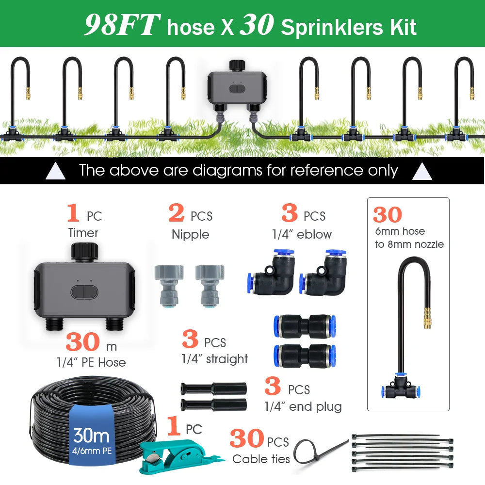 98FT hose and 30-sprinkler kit contents diagram with timer, fittings, end plugs