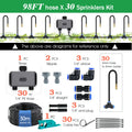 98FT hose and 30-sprinkler kit contents diagram with timer, fittings, end plugs
