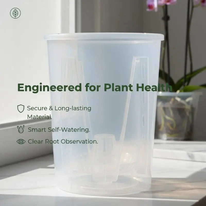 Clear plastic self-watering flower pot with built-in root observation panel and inner tray