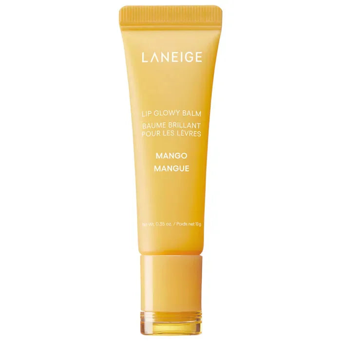 Laneige Mango Lip Glowy Balm in a yellow squeeze tube, a hydrating shea butter lip treatment for a glossy finish.