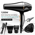 1200W black hair dryer with diffuser, styling nozzles, and combs for quick-drying, salon-quality hair care.