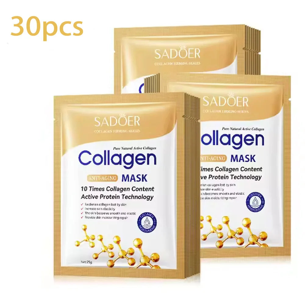 Collagen face sheet mask set in gold pouches and white packets, 30 count