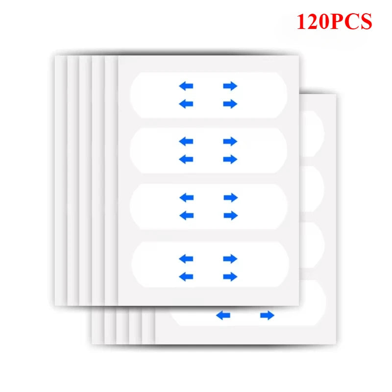 Transparent, oval-shaped adhesive face-lifting patches on white backing sheets with blue instructional arrows.