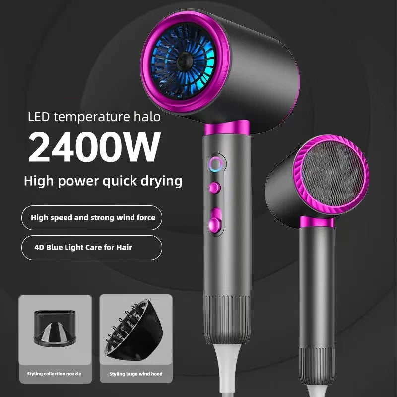 2400W high-speed grey & purple hair dryer with blue light, styling nozzle, diffuser, and LED temperature halo display.