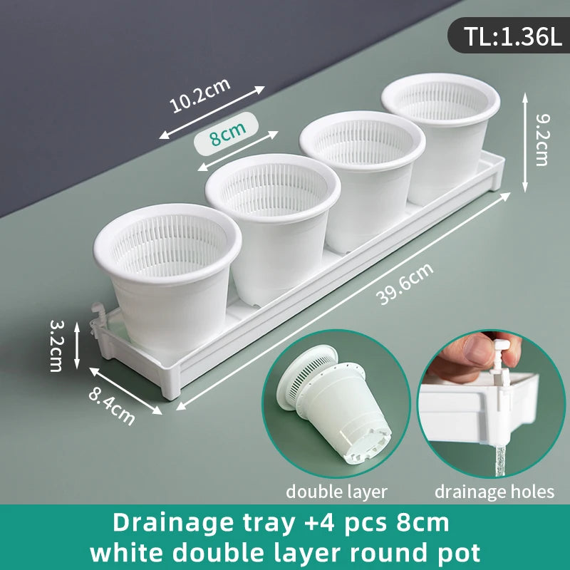 White double-layer drainage tray with four white 8 cm round plant pots