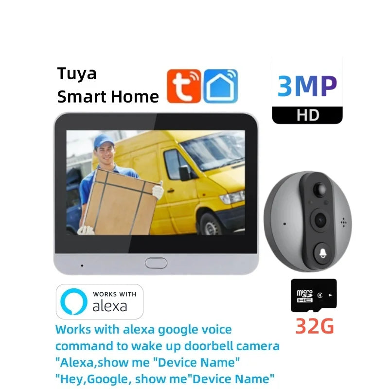 Wireless video doorbell camera with touchscreen monitor, gray doorbell, Alexa support and 32G