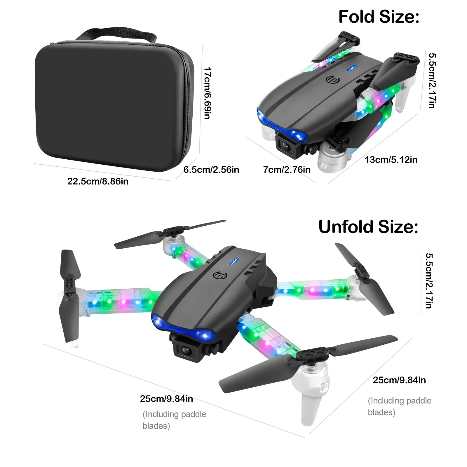 Foldable black drone with LED lights on transparent arms, shown folded and unfolded with a carrying case and dimensions.