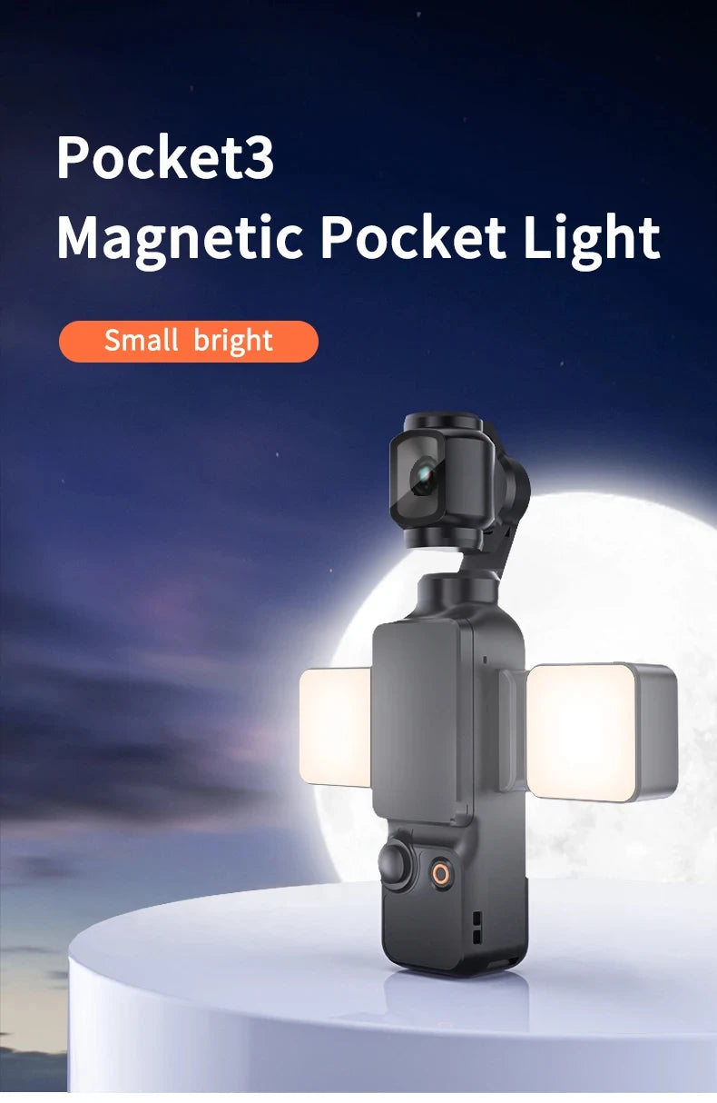 Black magnetic pocket light attached to a pocket gimbal camera with two square, glowing LED panels on the sides.