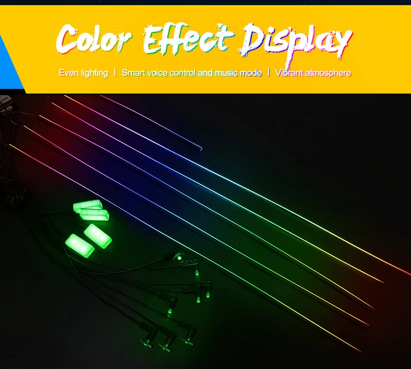 Four thin, linear LED light strips and small wired modules, glowing in various colors for ambient interior lighting.