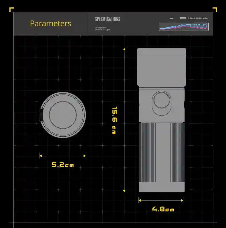 Gray portable LED fill light with a cylindrical, ribbed body, 15.6 cm tall and 4.8 cm wide, shown with dimensions.