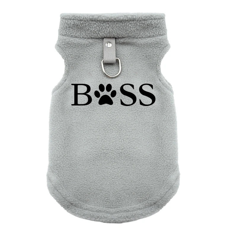 Gray fleece dog vest with "BOSS" text and leash ring, perfect for keeping small dogs warm in autumn and winter.