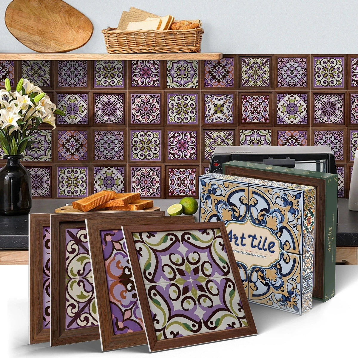 Peel-and-stick mosaic backsplash stickers with purple and green ornamental tile squares