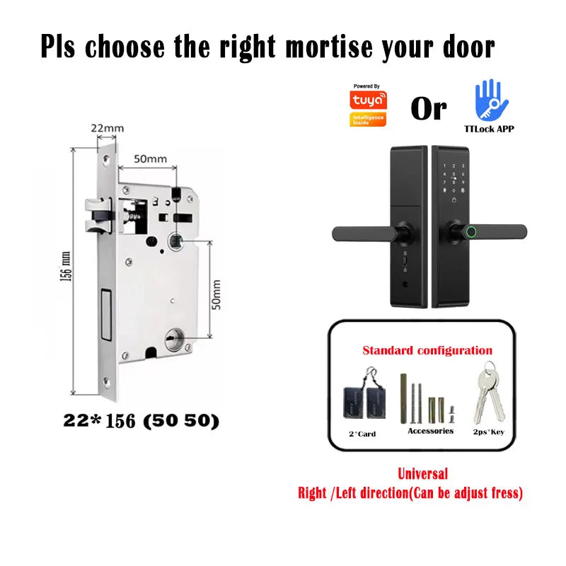 Keyless Tuya Bluetooth APP Digital Biometric Fingerprint Electric Smart Door Handle Key Card Lock with 5050 72 85 Mortise