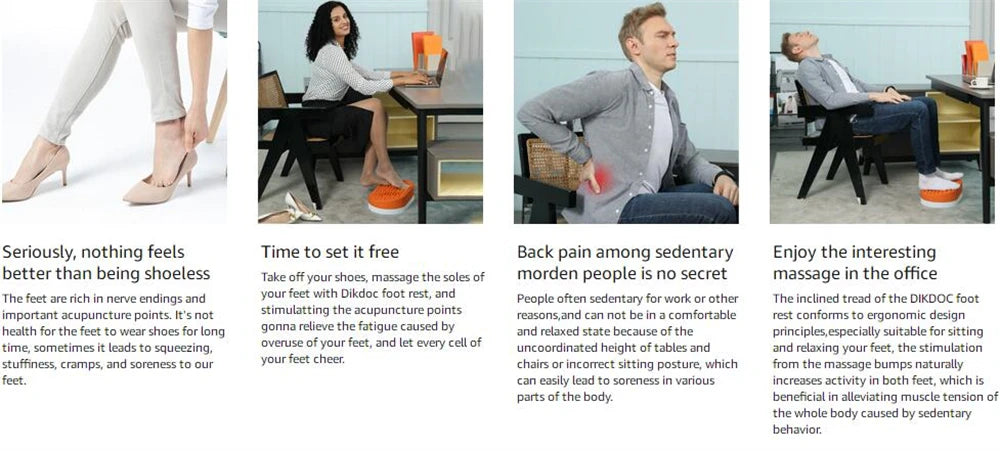 Orange soft silicone under-desk foot rest and massager for plantar fasciitis relief in a home office setting.