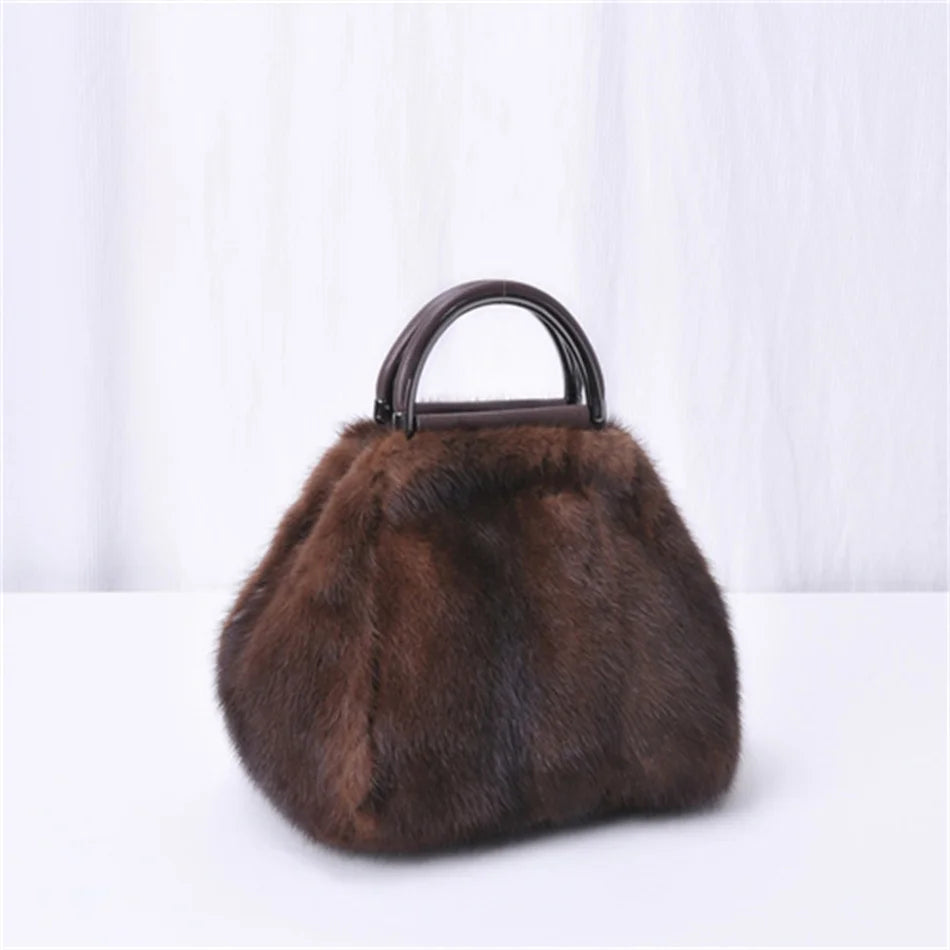 Women's Mink Fur Handbag 2026 New Fashion Designer Fluffy Fur Wrist Bag Large Capacity Soft Shopping Bag Girl Cute Handbag
