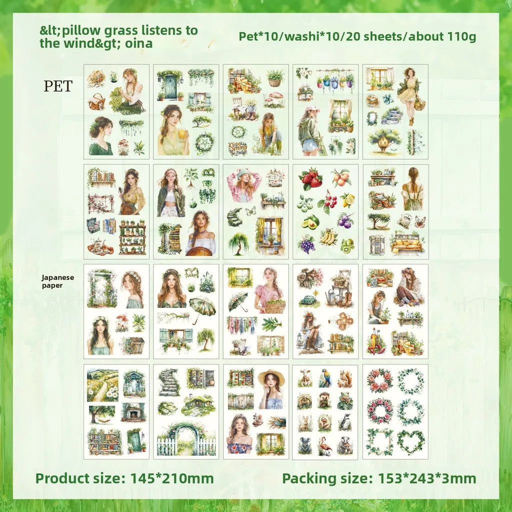 Journamm 20-sheet PET & Washi sticker book featuring botanical, garden, and girl designs for DIY scrapbook decoration.