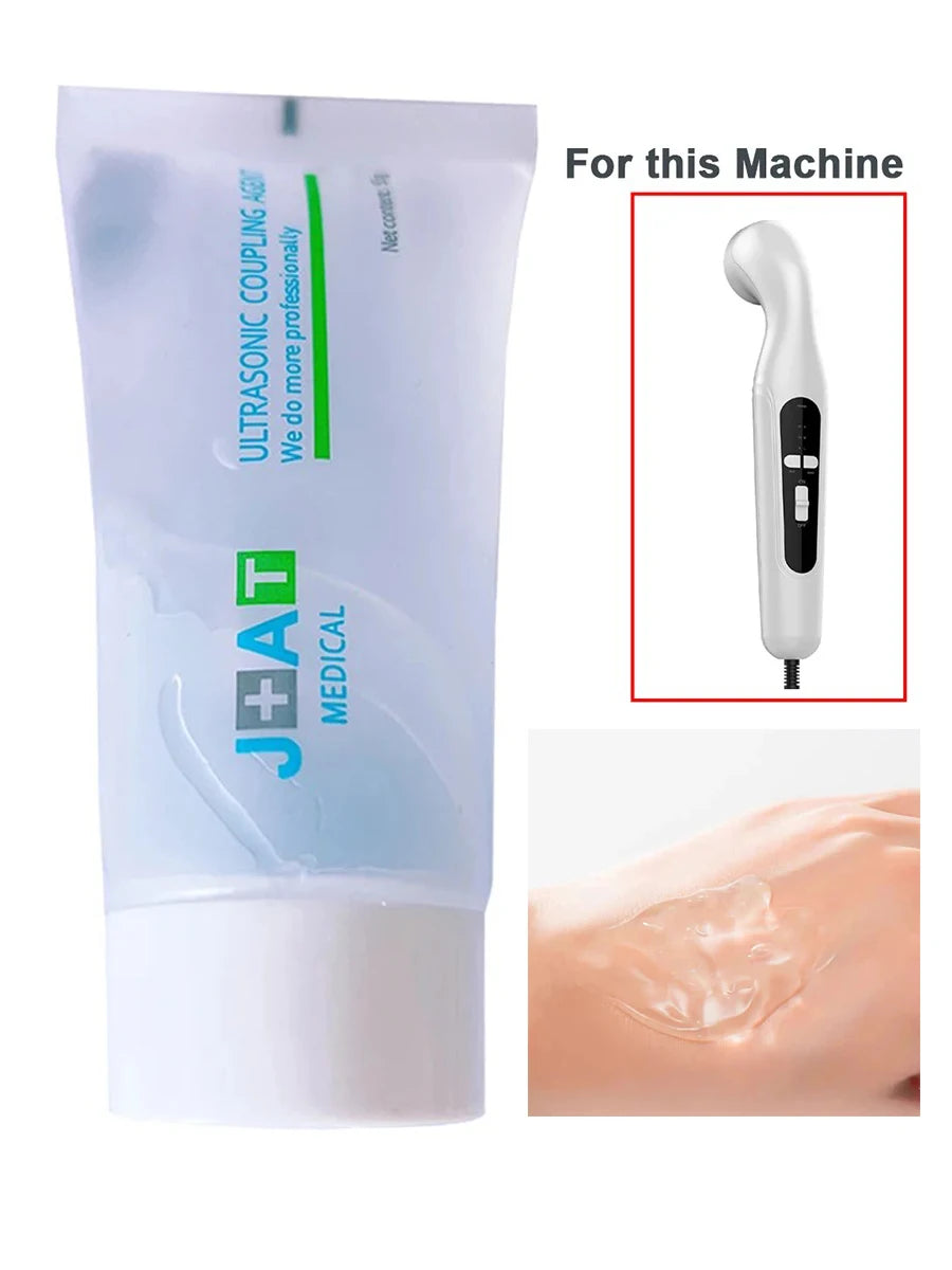 White handheld ultrasound physiotherapy device with conductive coupling gel for muscle pain relief and therapy.