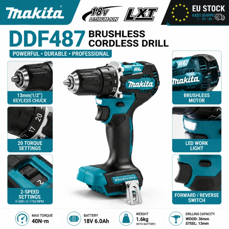 Makita 18V LXT Brushless Cordless Drill DDF487 + BL1860B BL1840 6.0Ah Battery Pack OEM Original High Torque Power Tool Set EU Warehouse Fast Shipping