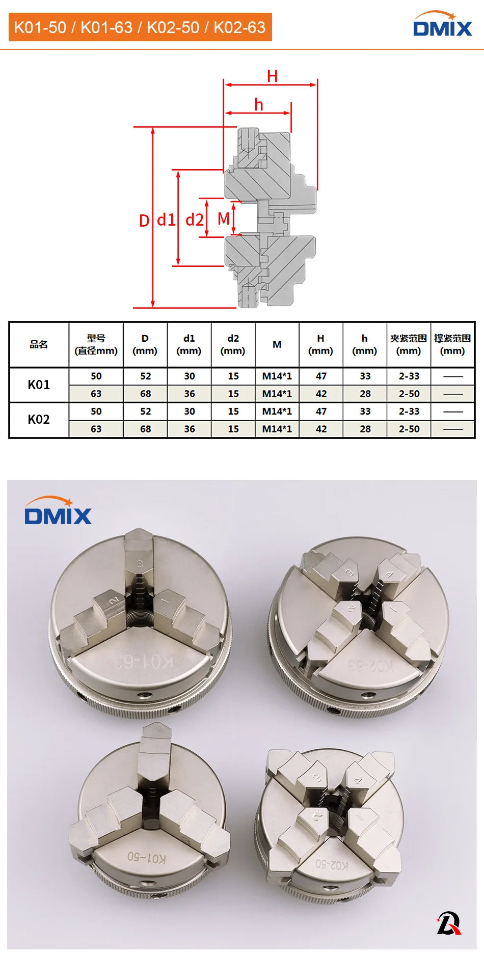 DMIX K01-50 K01-63 K02-50 K02-63 4 Jaw Self-Centering 3 Jaw Self-Centering Manual Scroll Mini Wood Lathe Chuck