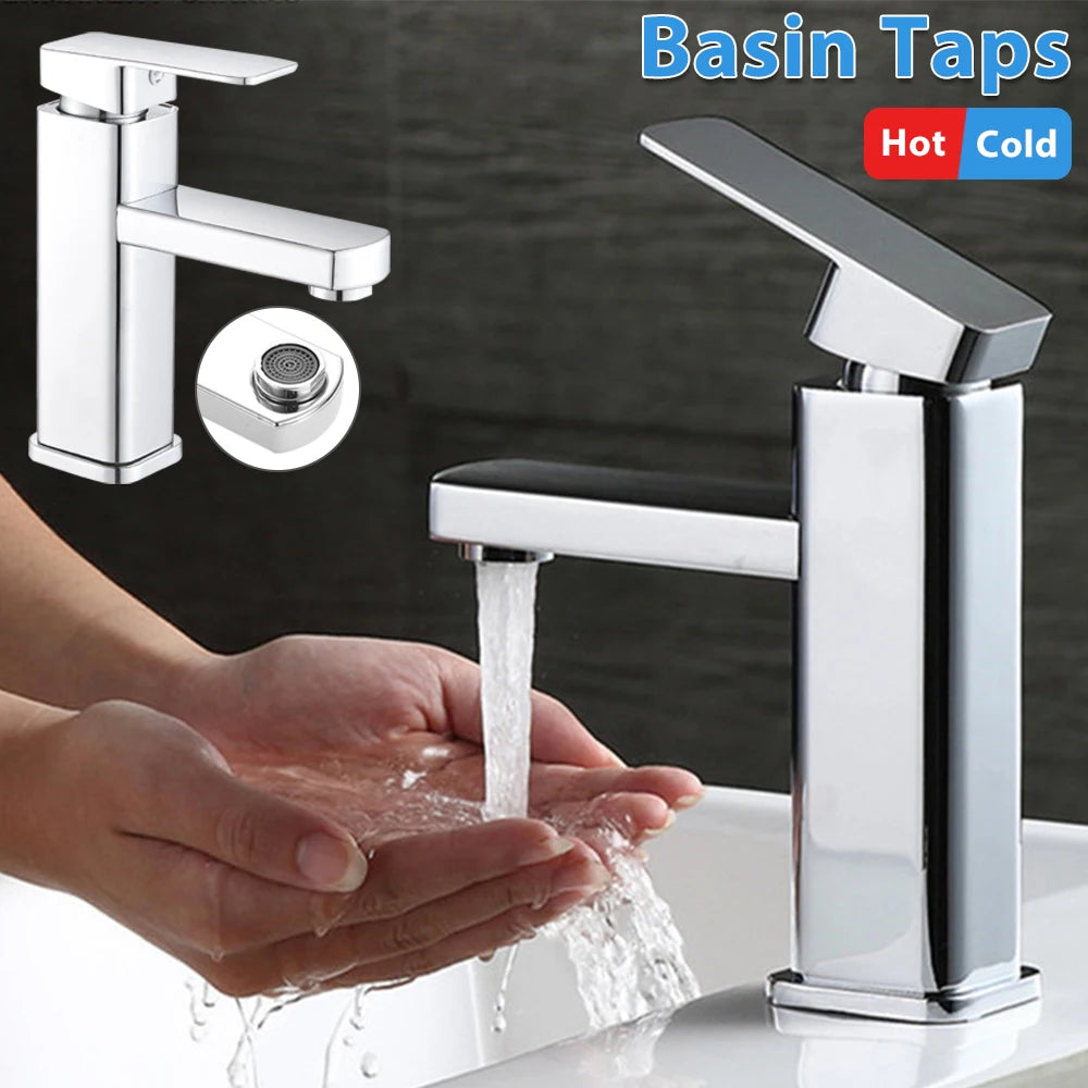 Single-Lever Washbasin Mixer in Brass for Cold and Hot Water, Deck-Mounted Single-Hole, 3-Layer Chrome Plating, 60cm Stainless Steel Hose, Honeycomb Aerator, Rust-Proof, Oxidation-Resistant, for Bathroom Sinks, Durable and Co