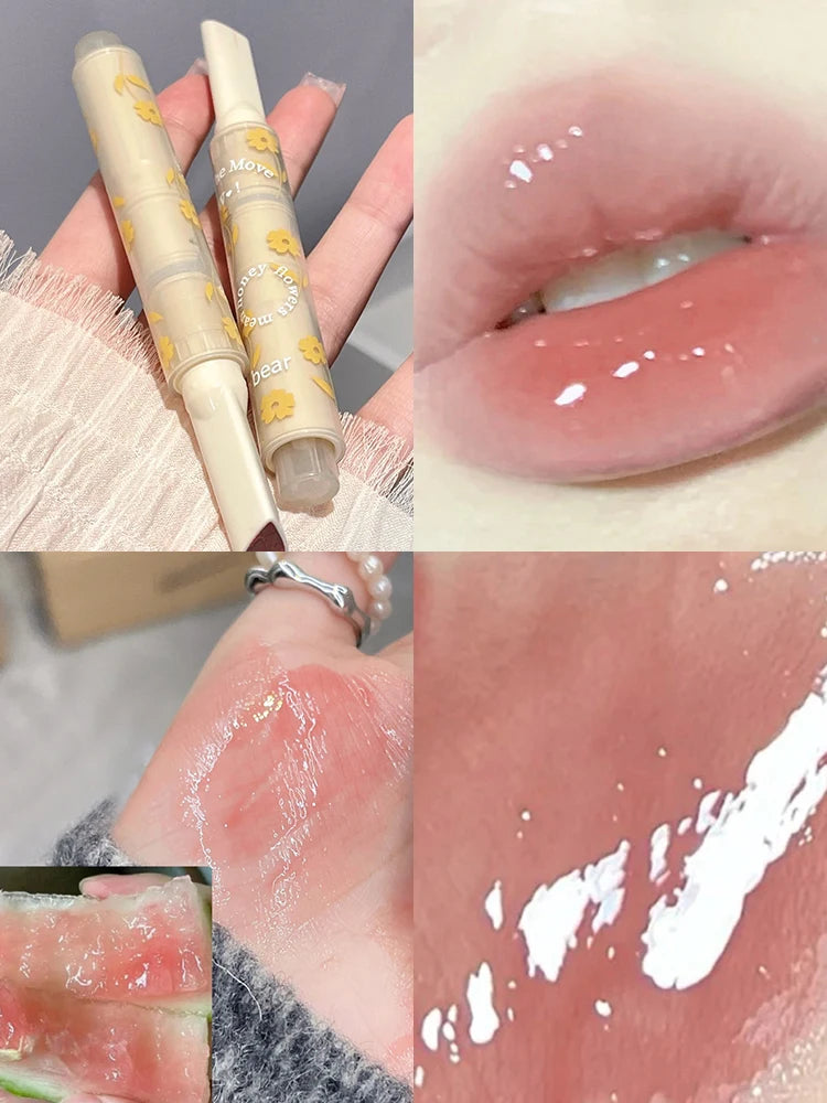 Gege Bear Floral Whisper lipstick: moisturizing jelly-finish lip balm with glossy shine and cute floral tube design.