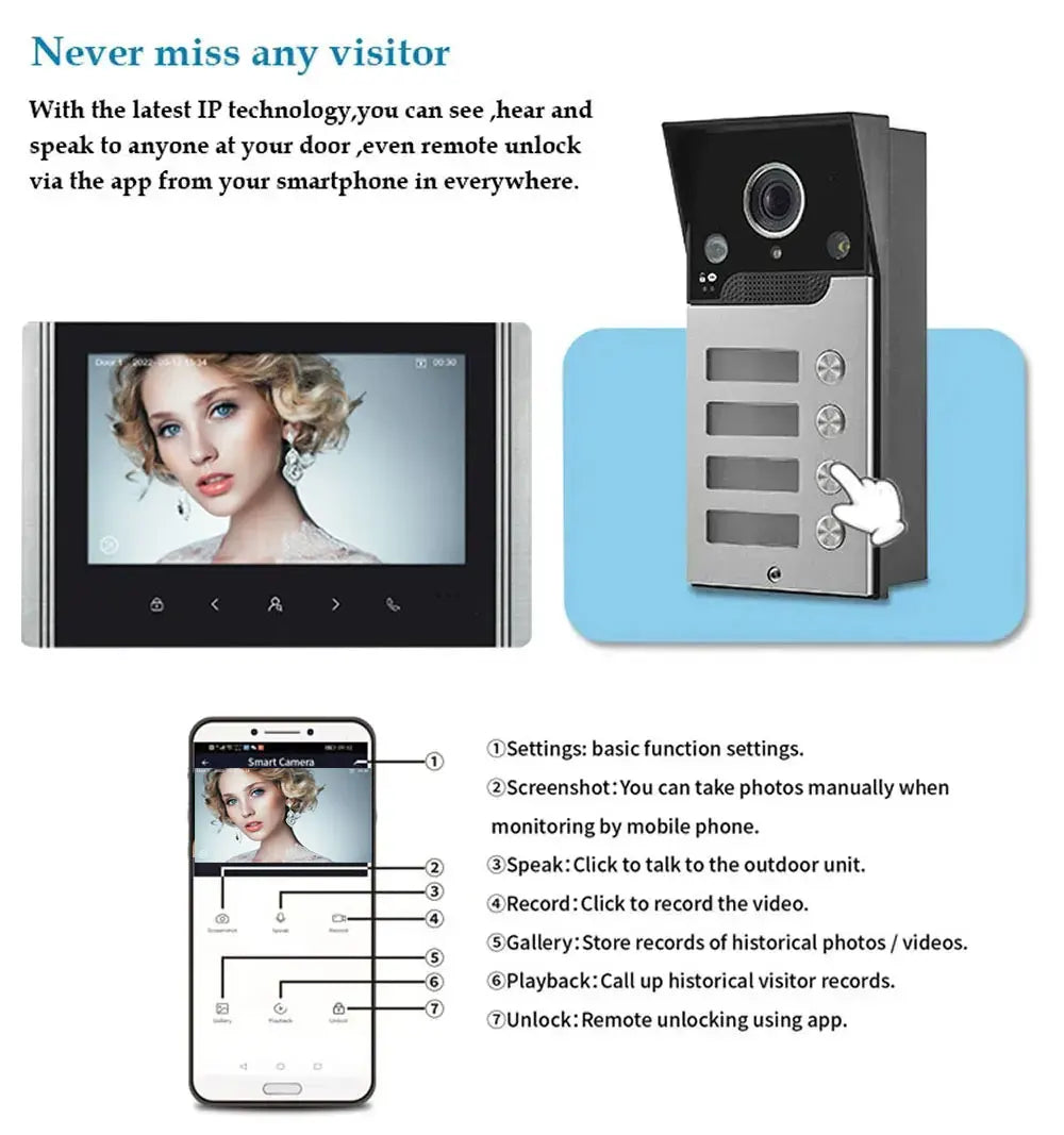 7 Inch LCD Video Doorphone Intercom Wide Angle Waterproof 1080P Camera Doorbell System for 2/3/4 Apartment Family Access Control