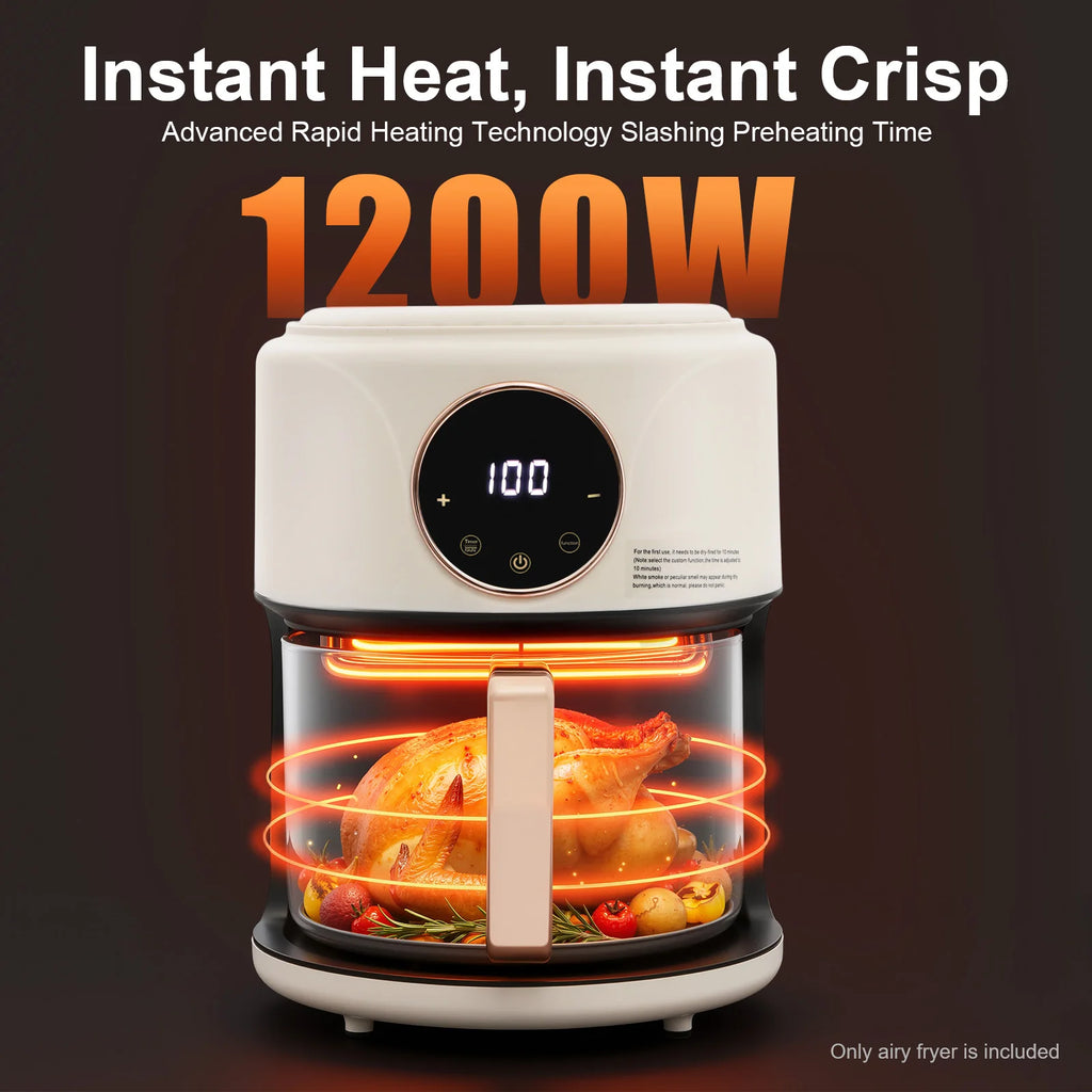 110V US Plug 4.44Qt Glass Air Fryer 1200W Touch Digital Display 8 Cooking Presets 176℉-392℉ Adjustable Temp Time Non-stick