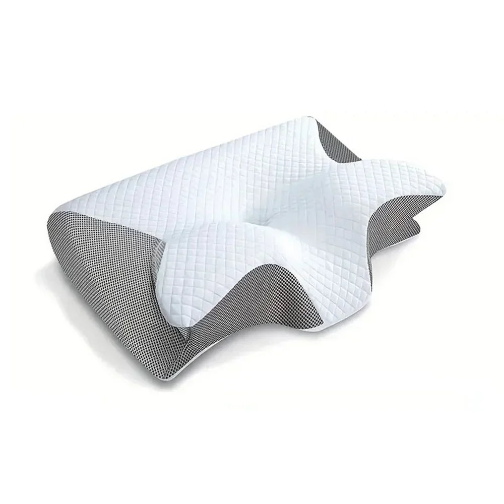 White and grey ergonomic memory foam orthopedic pillow with a contoured shape for neck support and sleeping.