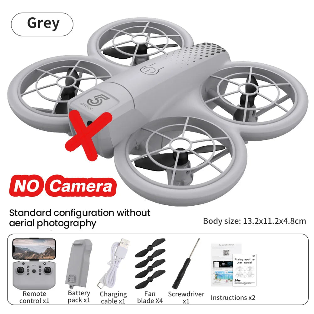 Grey toy drone with protective prop guards, no camera, 13.2x11.2x4.8cm, includes remote, battery, and accessories.