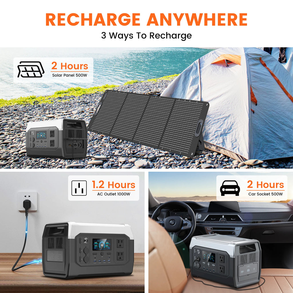 CTOLITY XP1000 1600W Portable Power Station 1024Wh Lifepo4 Battery & 200W Foldable Solar Panel Waterproof US EU Warehouse Shipping