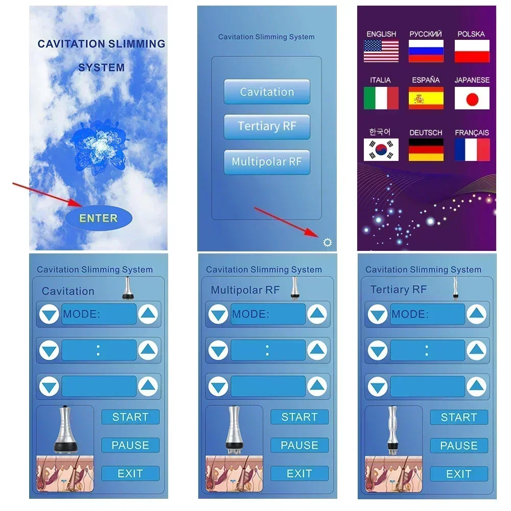 User interface screens for a Cavitation Slimming System, showing mode settings for Cavitation and RF treatments.