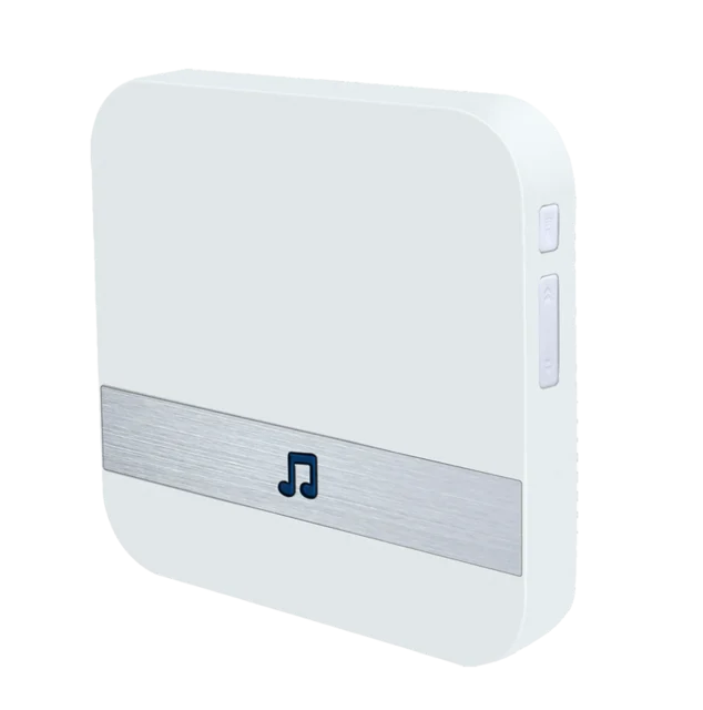 White wireless doorbell chime receiver front with call icon and side buttons