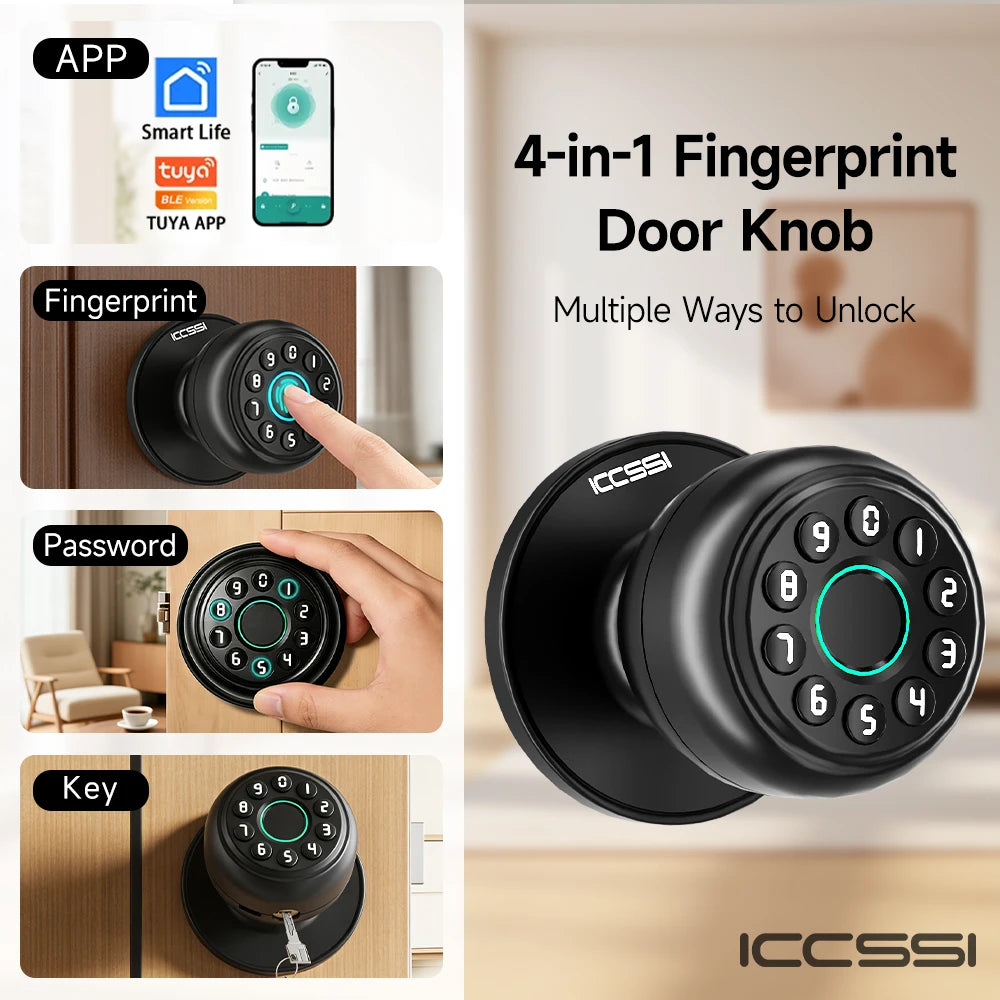 ICCSSI K10CPLUS Smart Lock Tuya Spherical Door Lock Tuya Fingerprint Password Key 4-in-1 Unlock for Airbnb Home Aluminum Alloy