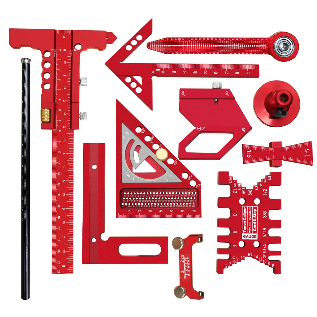 10pcs Woodworking Square Kit with Box, Aluminum Scribeing Ruler,Center Finder,Circular Drawing Compass,Honing Guide,Height Gauge