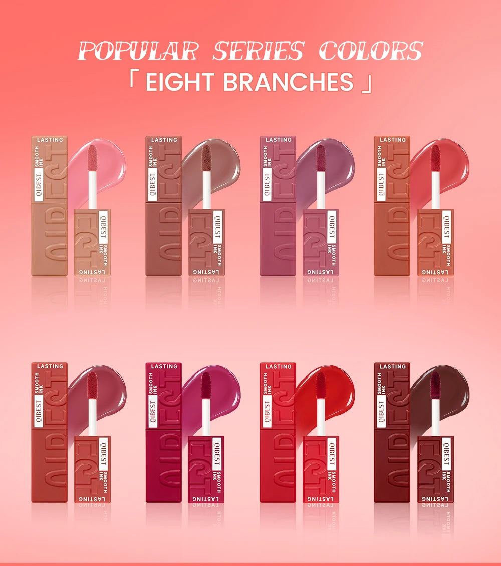 QIBEST watery lip glaze set featuring 8 long-lasting, mirror-glossy liquid lipsticks in vibrant, moisturizing shades.